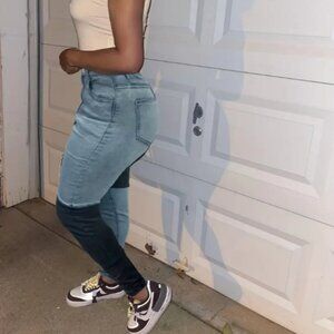 Patchwork Skinny Jeans, High-Stretch Slant Pockets Fashion Denim Pants, Women's